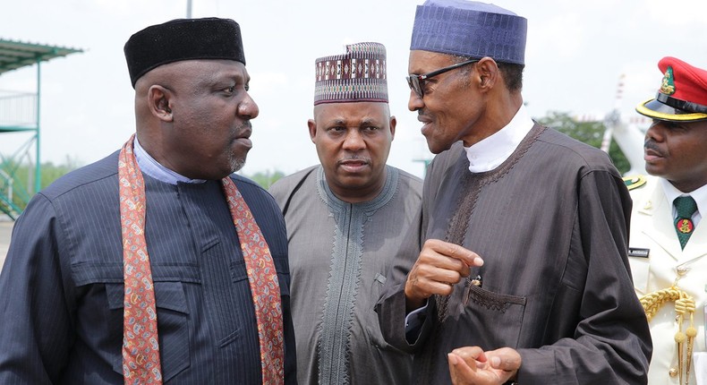 Governors Okorocha and Shettima are seen here with President Buhari in 2016