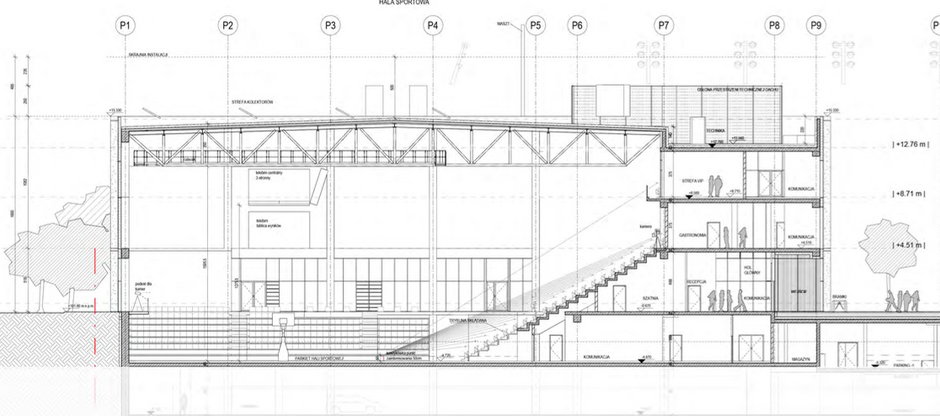 Projekt hali z obniżonym poziomem parkietu i parkingiem podziemnym