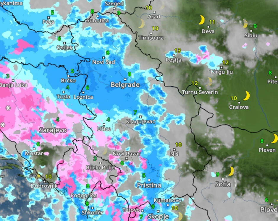 Kretanje padavina sutra u ponoć