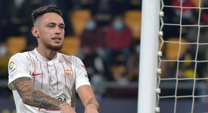 Lucas Ocampos celebrates after scoring the only goal of the game as Sevilla beat Cadiz 1-0 on Monday Creator: CRISTINA QUICLER