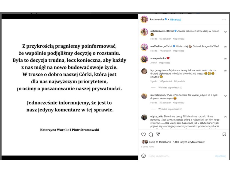 Widok postu z zamieszczonego na profilu Katarzyny Warnke