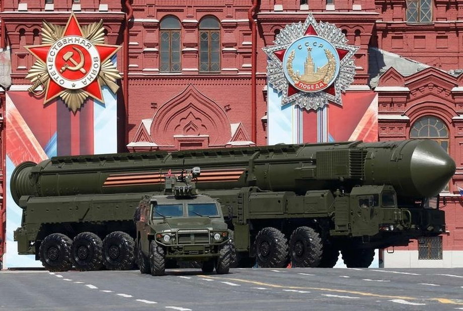 A Russian Yars RS-24 intercontinental ballistic missile system drives during a parade in Moscow.