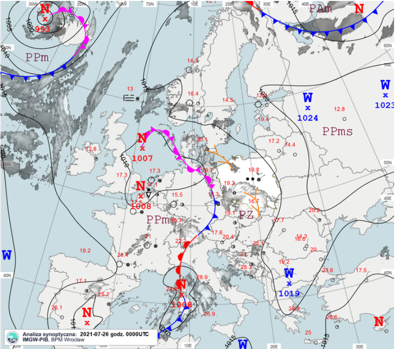 Mapa synoptyczna Europy z poniedziałku, 26.07, godz. 00 UTC