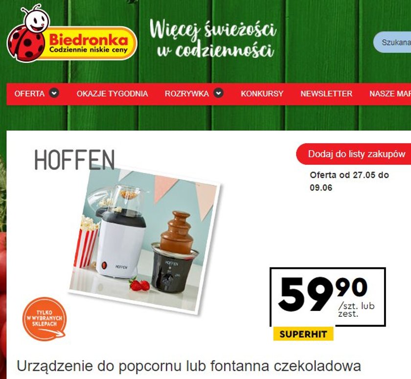 Urządzenie do popcornu i czekoladowa fontanna w Biedronce