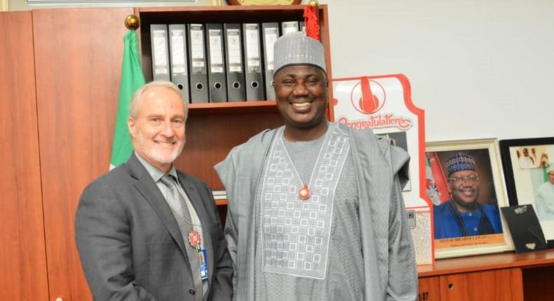 Deputy Chief Whip of the Senate, Senator Aliyu Sabi Abdullahi with the Political Officer of the Embassy of the United States of America, Jerry Howard, during a meeting with the Senator on the Hate Speech bill at the National Assembly on Tuesday, December 3, 2019