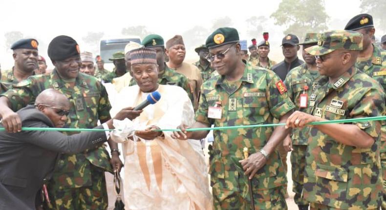 L-R: the Commandant NDA, Maj.-Gen. Ibrahim Yusuf, the Minister of Defence, Maj.-Gen. Bashir Magashi (Rtd), the Chief of Army Staff, Lt.- Gen. Farouk Yahaya and the Chief of Naval Staff, Vice Admiral Awwal Gambo, holding the rope for the minister to formally inaugurate one of the projects at the NDA.