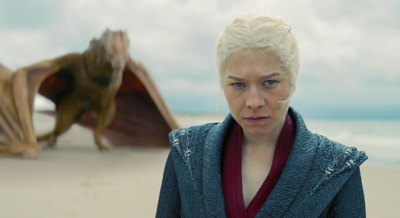 Syrax the dragon and Emma D'Arcy as Rhaenyra Targaryen in House of the Dragon.Theo Whiteman/HBO