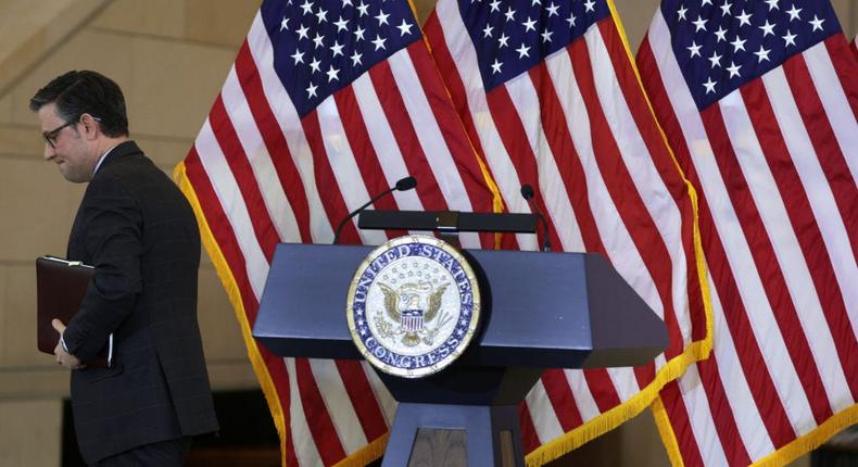 Speaker of the House Mike Johnson leaves after he spoke during a congressional Gold Medal presentation ceremony at the Emancipation Hall of the Capitol Visitor Center on March 21, 2024, on Capitol Hill in Washington, DC.Alex Wong/Getty Images