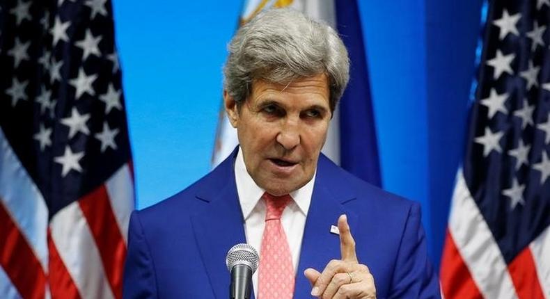 U.S. Secretary of State John Kerry speaks during a joint news conference with Philippine Foreign Affairs Secretary Perfecto Yasay (not pictured) at the Department of Foreign Affairs in Pasay city Metro Manila, Philippines July 27, 2016. 