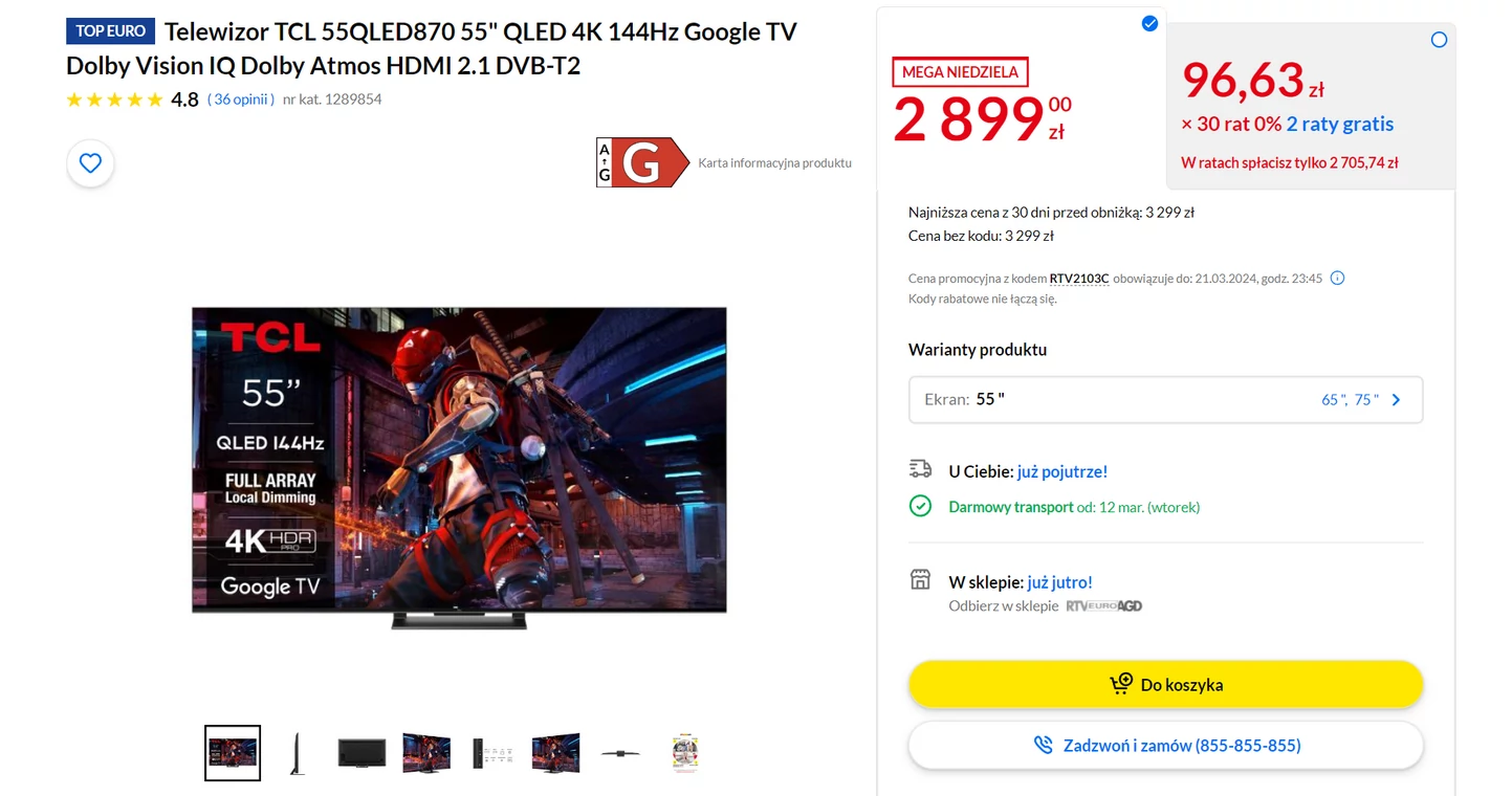 TCL 870 (TCL C745) na promocji w RTV Euro AGD