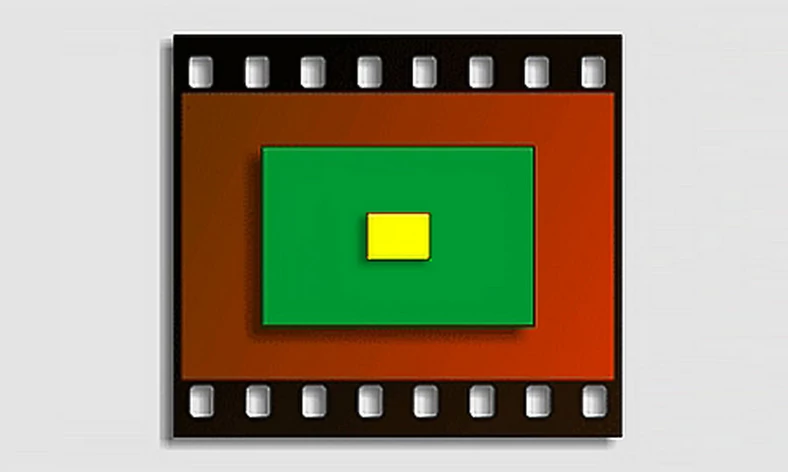 Brązowy kolor to klatka kliszy i pełnoklatkowa matryca, zielonym oznaczono matrycę formatu APS-C, a żółtym matrycę o rozmiarze 1/2.3 cala, od aparatu kompaktowego (schemat przedstawia wielkości symulowane)