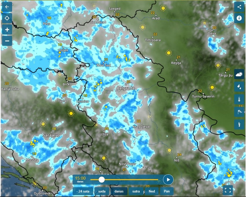 Kišni radar oko 15 sati