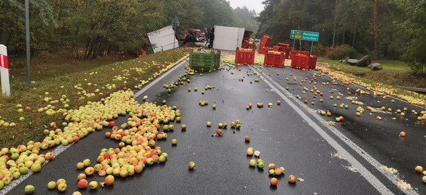 Wypadek pod Żyrardowem. 15 ton jabłek w rowie