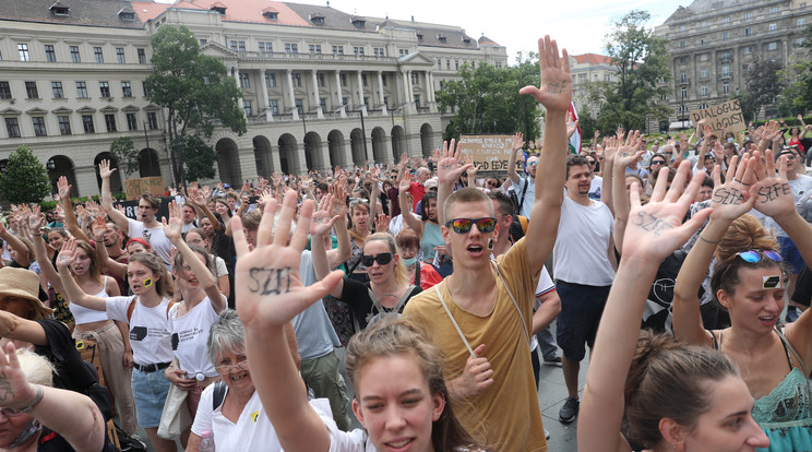 A Színház- és Filmművészeti  Egyetem hallgatói és támogatói a kezükre festett SZFE rövidítést mutatták a parlament felé /Fotó: Zsolnai Péter