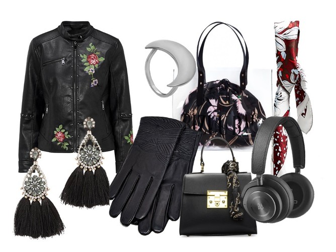 Prezenty dla kobiety, która lubi gadżety: Kurtka skórzana, Cellbes.pl, 349 zł, Rękawiczki, Patrizia Aryton, 249 zł, Kolczyki, Cellbes.pl, 69 zł, Torebka, Ryłko, 299.99 zł; Apaszka jedwabna, Patrizia Aryton, 179 zł; Słuchawki, Bang nad Olufsen, 2199 zł; Pierścionek, Lilou, 219 zł; Shopper, Bizuu, 450 zł