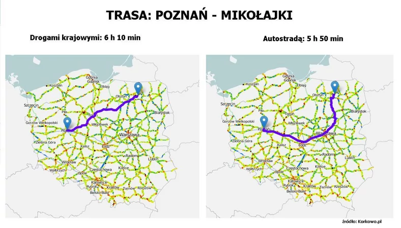 Porównanie trasy Mikołajki-Poznań