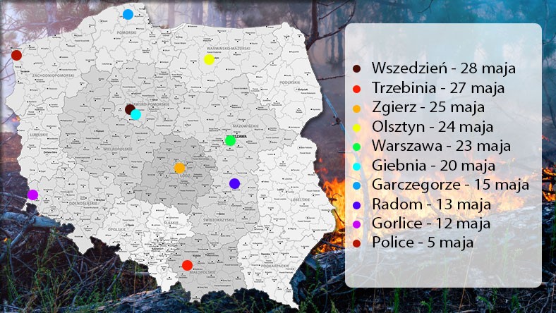 Miejsca majowych pożarów składowisk i wysypisk odpadów