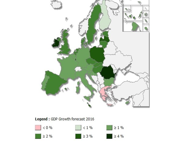 Prognoza wzrostu PKB w krajach UE na 2016 rok, źródło: KE