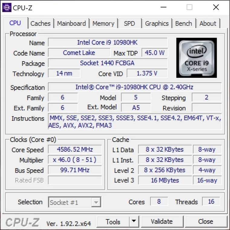 Asus ROG Zephyrus Duo 15 RTX 2080 Super Max-Q CPU-Z