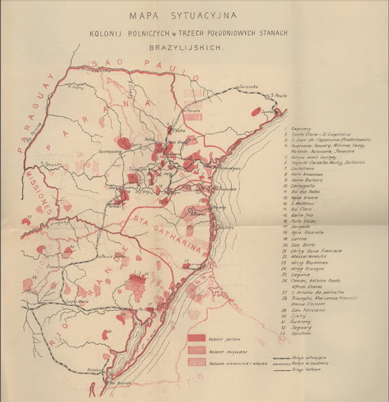 Mapa z zaznaczonymi osadami polskimi, mieszanymi, a także niemieckimi i włoskimi w południowej Brazylii, dołączona do „Polskiej Kolonizacji Zamorskiej”, Lwów 1899