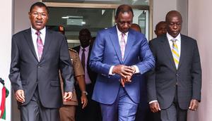 President William Ruto, National Assembly Speaker Moses Wetangula and Deputy President Rigathi Gachagua during a tour of Bunge Towers on April 25, 2024