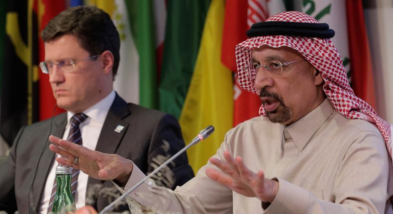 Saudi Arabia's Oil Minister Khalid al-Falih (R) sits next to Russian Energy Minister Alexander Novak as he addresses a news conference after an OPEC meeting in Vienna, Austria.