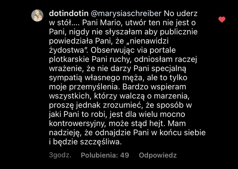 Dorota Szelągowska odpowiada na komentarz Marianny Schreiber