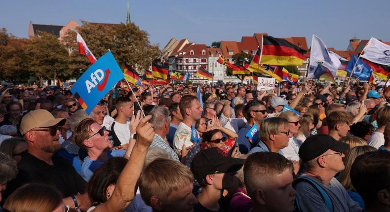 Supporters of the Alternative for Germany (AfD) political party gather at its final campaign rally ahead of Thuringia state elections.Sean Gallup/Getty Images