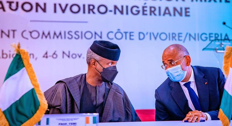Vice President Yemi Osinbajo (L) and Ivorian Prime Minister, Patrick Achi (R) at the 2nd-session of the joint commission between Cote D'Ivoire and Nigeria in Abidjan. [Presidency]