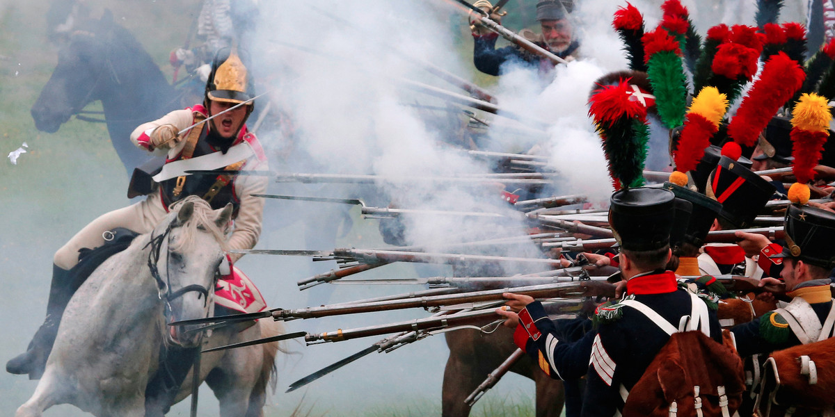 Participants reenact the 1812 Battle of Borodino between Russia and the invading French army during anniversary celebrations in Moscow region, Russia.
