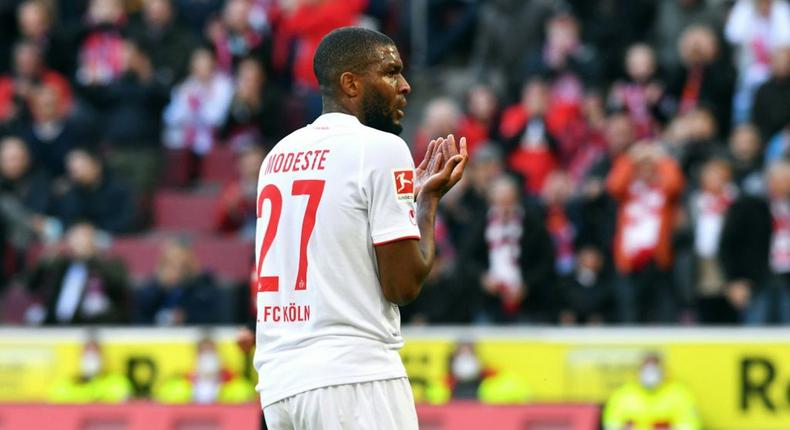 Cologne striker Anthony Modeste scored twice in Sunday's 2-2 draw at home to Bayer Leverkusen Creator: UWE KRAFT