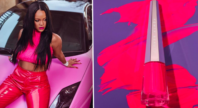 Rihanna looks sensational in hot pink to celebrate the release of new Stunna lip paint