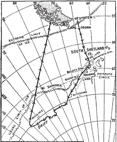 Mapa przedstawiająca trasę ekspedycji od Staten Island do Ziemi Ognistej (za: Frederick Cook, [Two Thousand miles in the Antarctic ice], [w:] „McClure’s Magazine”, nr 1, t. 14, listopad 1899, s. 6, domena publiczna)