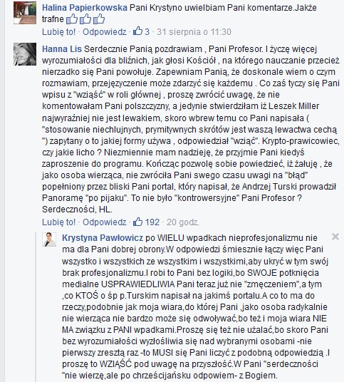 Komentarz Hanny Lis na profilu prof. Pawłowicz