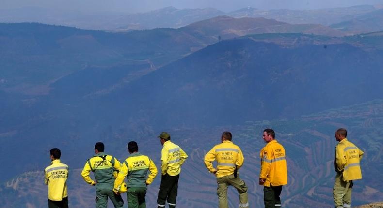 Members of a fire brigade stand on a cliff after extinguishing a wildfire near the village of Santa Eugenia, northern Portugal's Alijo municipality, on July 18, 2017