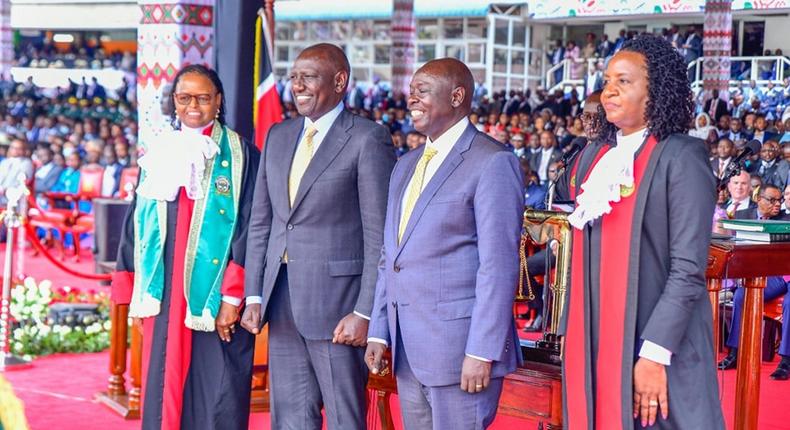 President William Ruto with his deputy Rigathi Gachagua, Chief Justice Martha Koome and Chief Registrar of the Judiciary Anne Amadi at the Kasarani Stadium during the 5th's inauguration on September 13, 2022