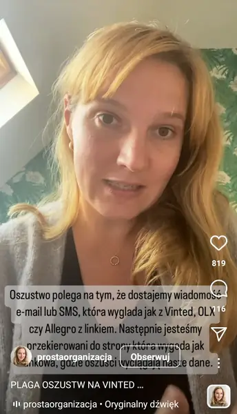 Agnieszka, która prowadzi na Instagramie konto &quot;Prosta organizacja&quot; opisała phishing Fot. @prostaorganizacja