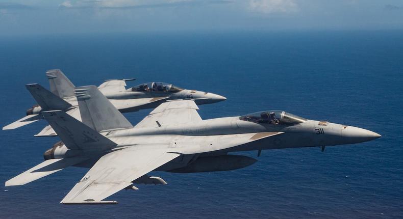 US Navy F/A-18E Super Hornets from Strike Fighter Squadron 115, Marine Corps Air Station, Iwakuni, during Valiant Shield 18 out of Andersen Air Force Base, Guam, September 17, 2018.