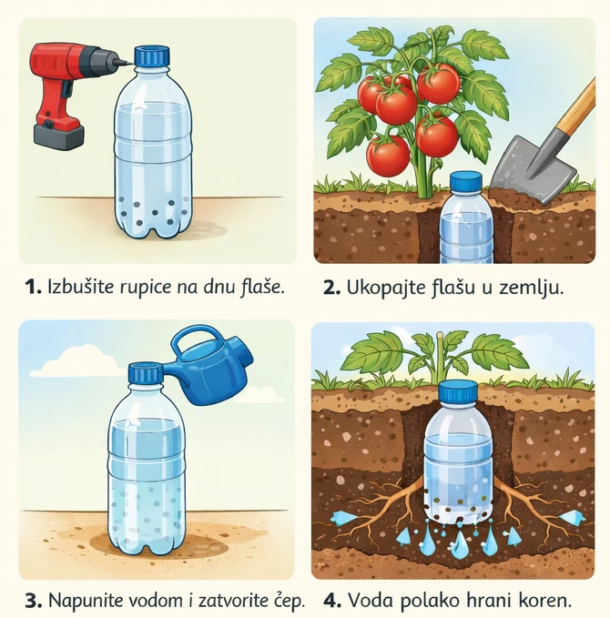Zalivanje paradajza pomoću plastične flaše