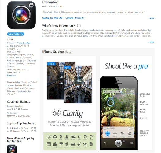 <b>Camera+</b>
<br><br>
Kolejna alternatywa dla standardowej aplikacji fotograficznej w iPhonie. Jest super szybka, dysponuje niezliczoną ilością filtrów, a całość dopełnia sześciokrotny zoom cyfrowy.
<br><br>
<b>Cena:</b> 1,99 euro