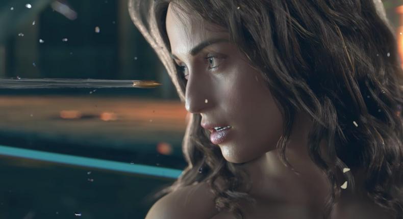 A still from the first trailer for Cyberpunk 2077, by CD Projekt RED.