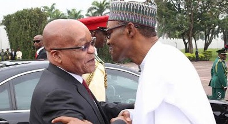 President Muhammadu Buhari meets with South African counterpart, Jacob Zuma on March 8, 2016.