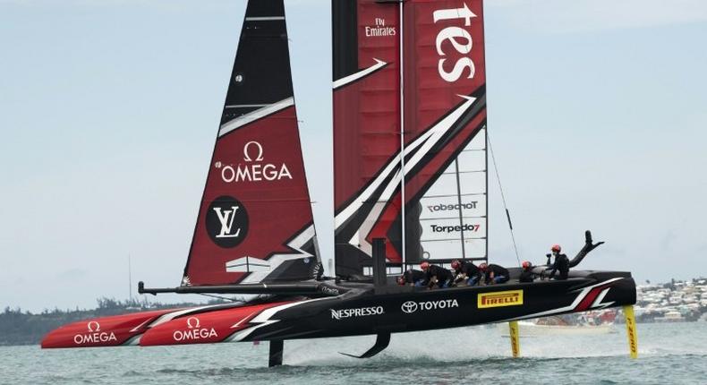Emirates Team New Zealand races against Oracle Team USA in the Great Sound during the 35th America's Cup June 24, 2017 in Hamilton, Bermuda
