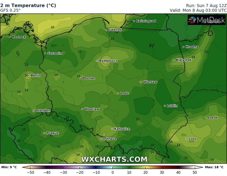 emperatura minimalna na ogół od 8 st. C do 15 st. C. Chłodniej w kotlinach górskich i lokalnie na północnym wschodzie około 7 st. C oraz cieplej na Półwyspie Helskim około 17 st. C.