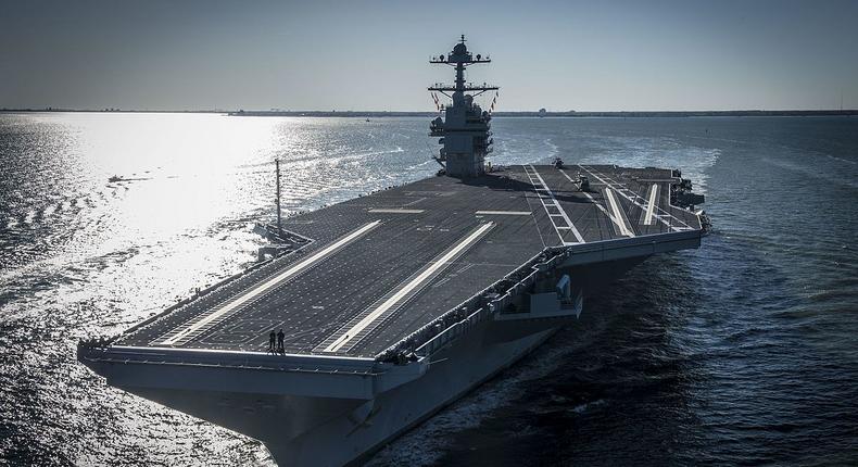 The US Navy aircraft carrier USS Gerald R. Ford (CVN-78) underway on its own power for the first time.