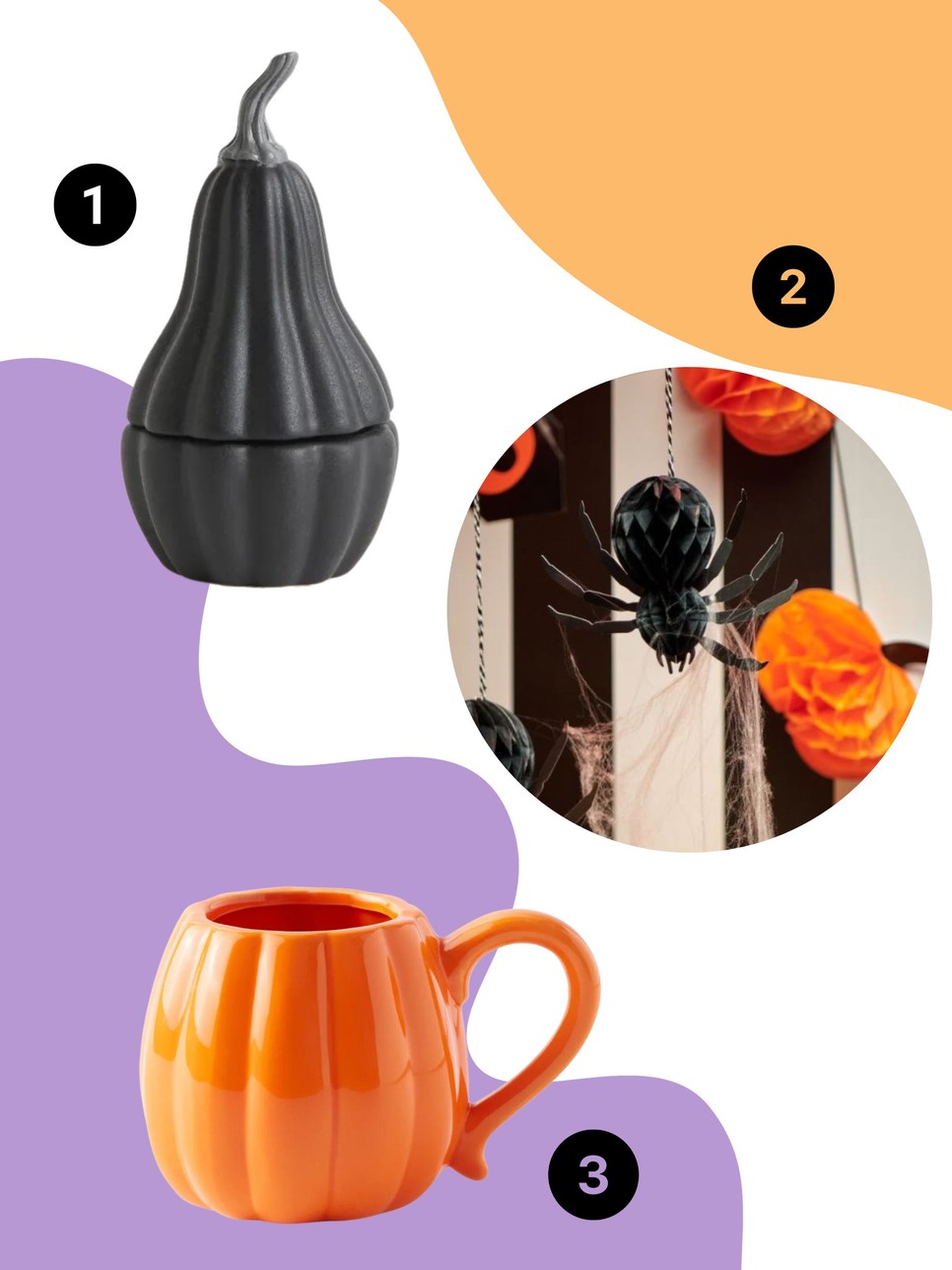 1. Kis kőkerámia tégely H&M 3595 Ft 2. Halloweeni dekoráció 2 csomag SINSAY 895 Ft 3. Bögre Halloween motívummal PEPCO 1200 Ft