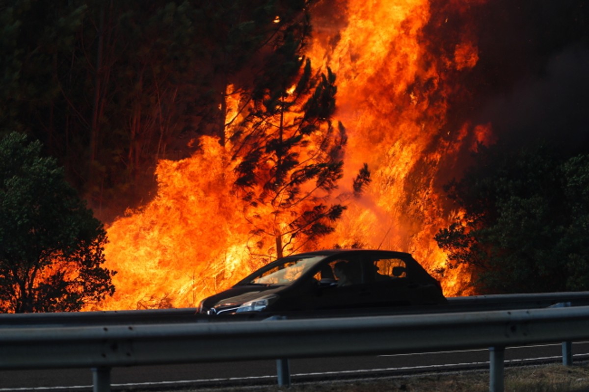 forest fire cuts A1 highway in Leiria, Portugal