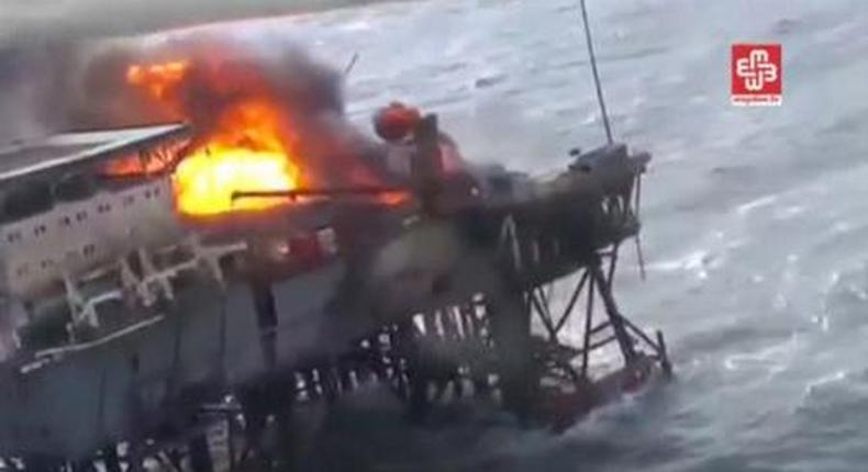 A still image from a video footage shows an oil platform on fire in the Caspian Sea, Azerbaijan, December 5, 2015.