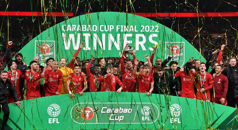 Liverpool celebrate victory in the 2022 League Cup final Creator: JUSTIN TALLIS