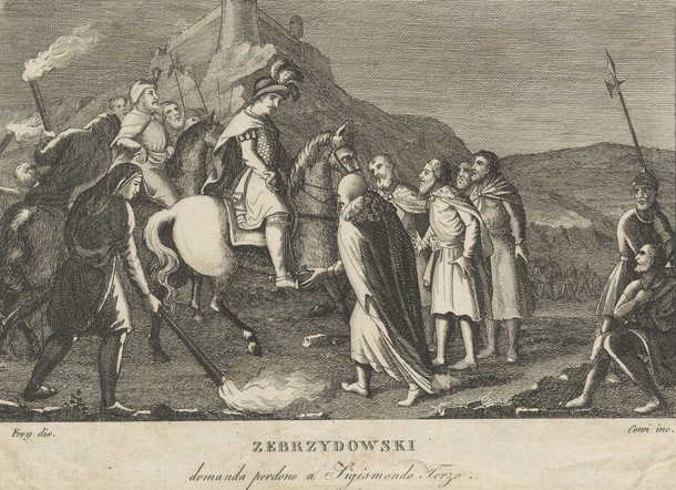 Miedzioryt włoski „Zebrzydowski prosi o wybaczenie Zygmunta III autorstwa Johanna Jakoba Freya I, 1 poł. XVIII w., Muzeum  Śląskie w Katowicach